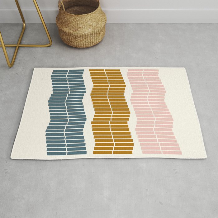 Minimalist Wavy Geometric Pattern in Pink, Gold, and Blue Rug Gallery Image 1