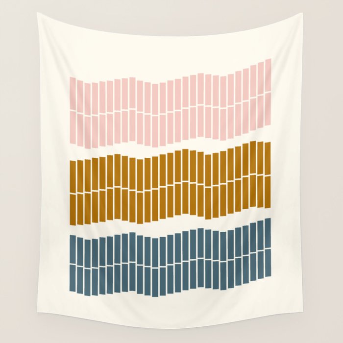 Minimalist Wavy Geometric Pattern in Pink, Gold, and Blue Wall Tapestry Gallery Image 4