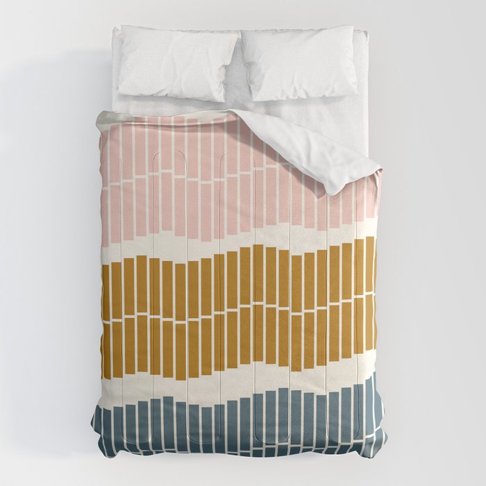 Minimalist Wavy Geometric Pattern in Pink, Gold, and Blue Comforter Gallery Image 1