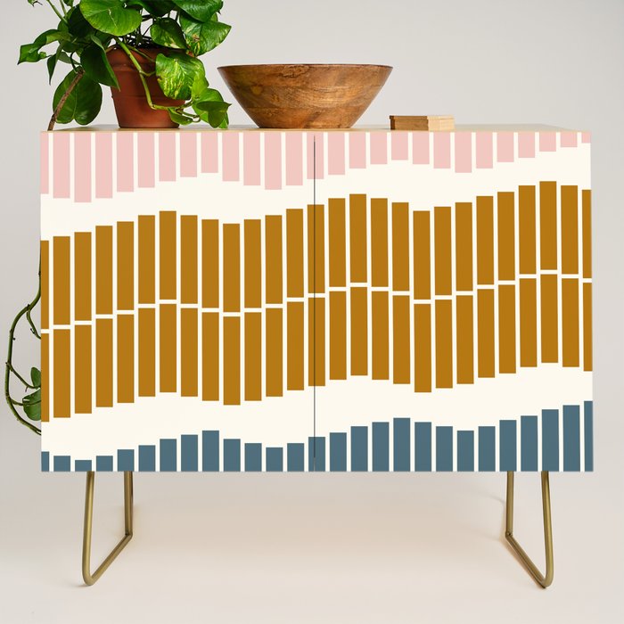 Minimalist Wavy Geometric Pattern in Pink, Gold, and Blue Credenza Gallery Image 1