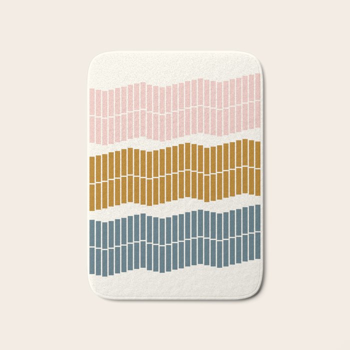 Minimalist Wavy Geometric Pattern in Pink, Gold, and Blue Bath Mat Gallery Image 1