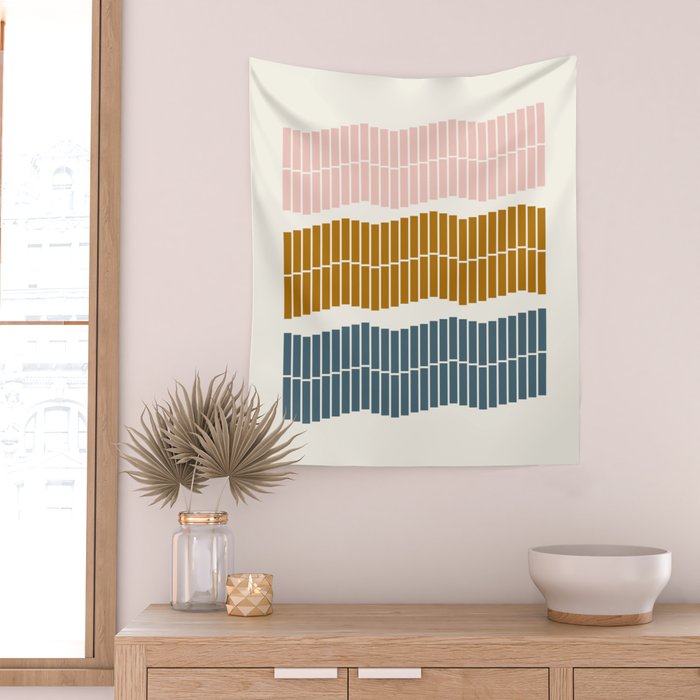 Minimalist Wavy Geometric Pattern in Pink, Gold, and Blue Wall Tapestry Gallery Image 2