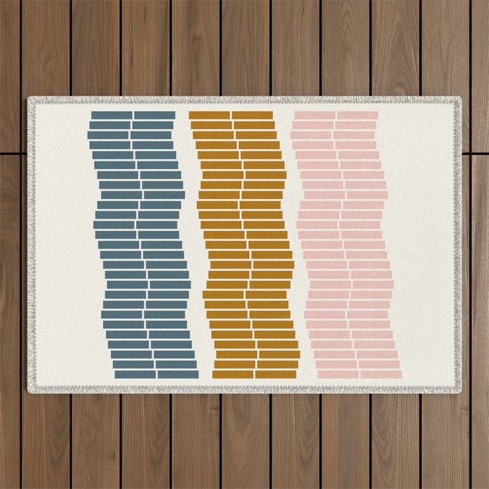 Minimalist Wavy Geometric Pattern in Pink, Gold, and Blue Outdoor Rug Gallery Image 1