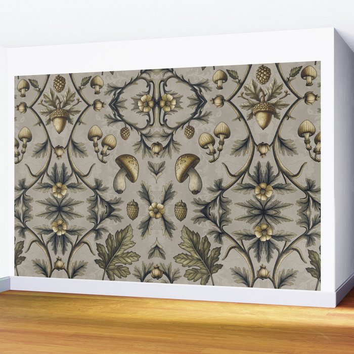 William Morris Style Forest Tales Cabincore Pattern Beige Wall Mural Gallery Image 2