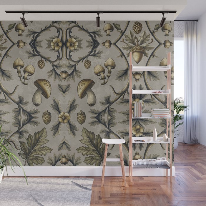William Morris Style Forest Tales Cabincore Pattern Beige Wall Mural Gallery Image 1
