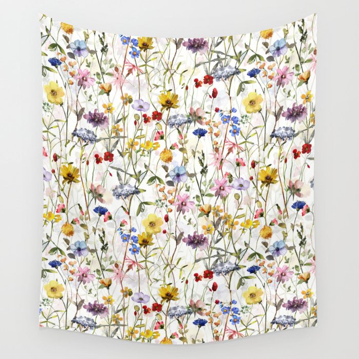 Scandinavian Colorful Midsummer Dried Wildflowers Watercolor Meadow  14 Wall Tapestry Gallery Image 4