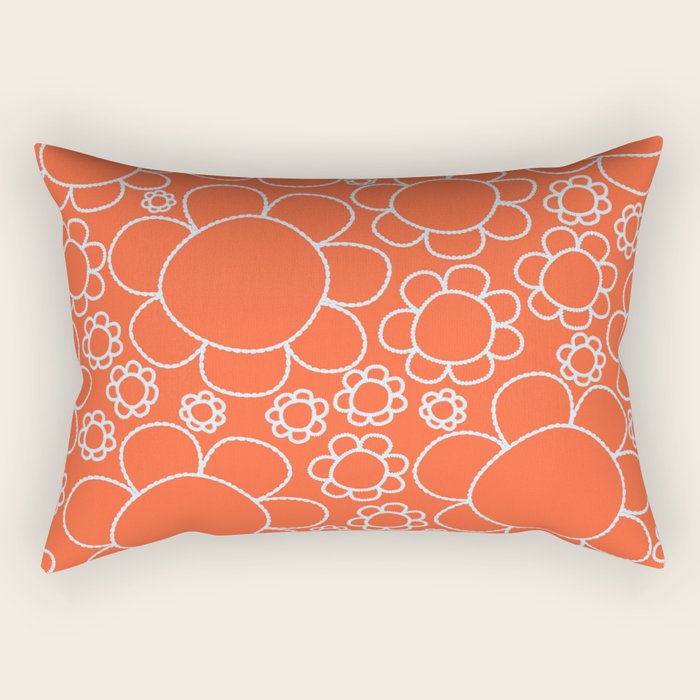 Cheerful Doodle Flowers Pattern in Orange and Ice Blue Rectangular Pillow Gallery Image 1