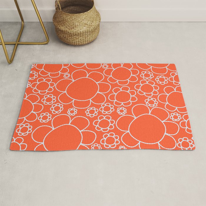 Cheerful Doodle Flowers Pattern in Orange and Ice Blue Rug Gallery Image 1