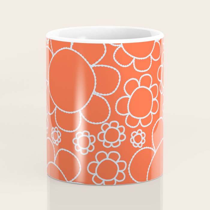 Cheerful Doodle Flowers Pattern in Orange and Ice Blue Coffee Mug Gallery Image 4