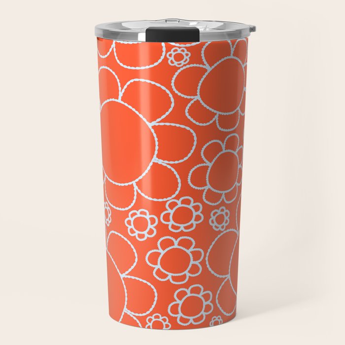 Cheerful Doodle Flowers Pattern in Orange and Ice Blue Travel Mug Gallery Image 1