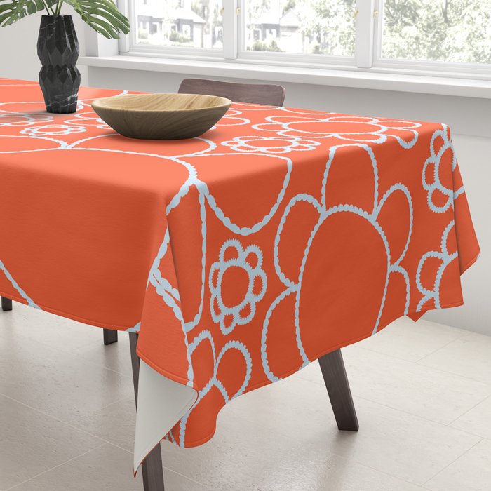Cheerful Doodle Flowers Pattern in Orange and Ice Blue Tablecloth Gallery Image 3