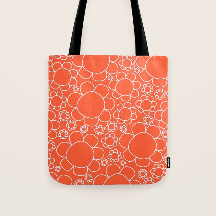 Cheerful Doodle Flowers Pattern in Orange and Ice Blue Tote Bag Gallery Image 1