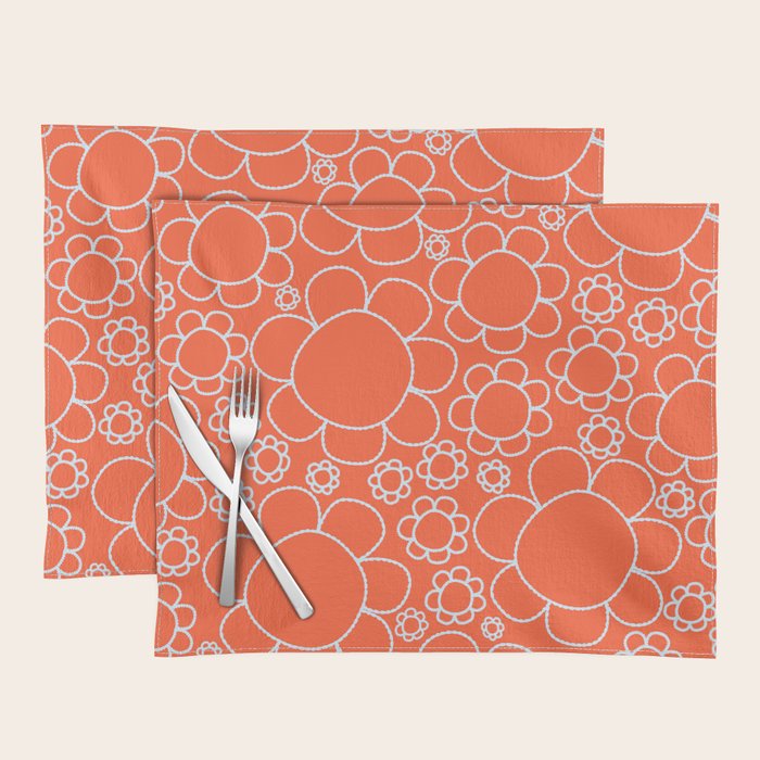 Cheerful Doodle Flowers Pattern in Orange and Ice Blue Placemat Gallery Image 1