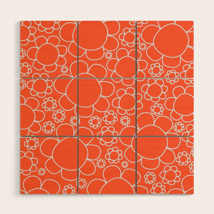 Cheerful Doodle Flowers Pattern in Orange and Ice Blue Wood Wall Art Gallery Image 1