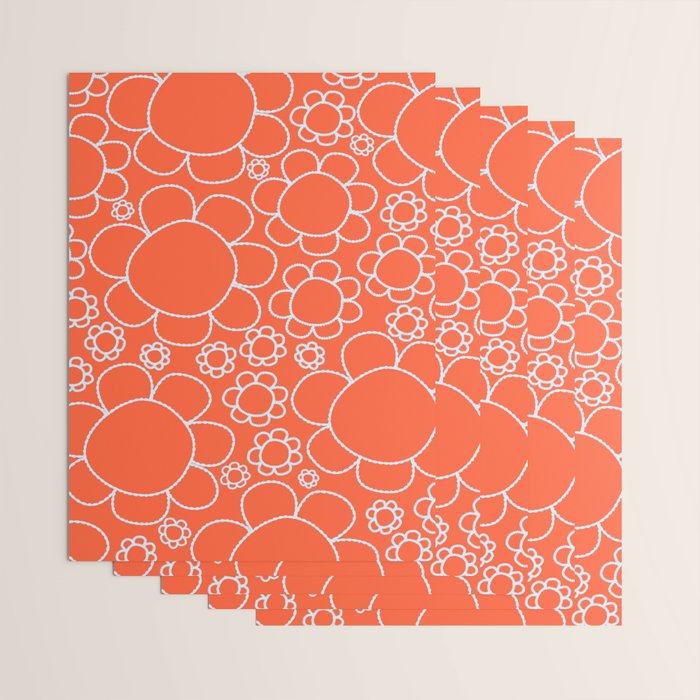 Cheerful Doodle Flowers Pattern in Orange and Ice Blue Wrapping Paper Gallery Image 3