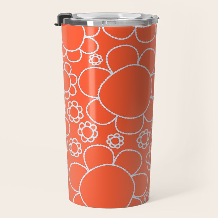 Cheerful Doodle Flowers Pattern in Orange and Ice Blue Travel Mug Gallery Image 3
