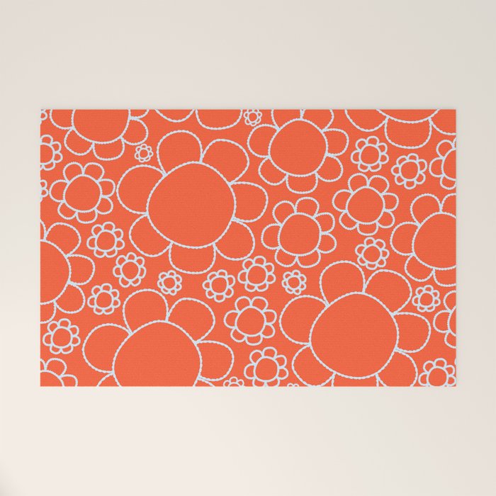 Cheerful Doodle Flowers Pattern in Orange and Ice Blue Welcome Mat Gallery Image 1
