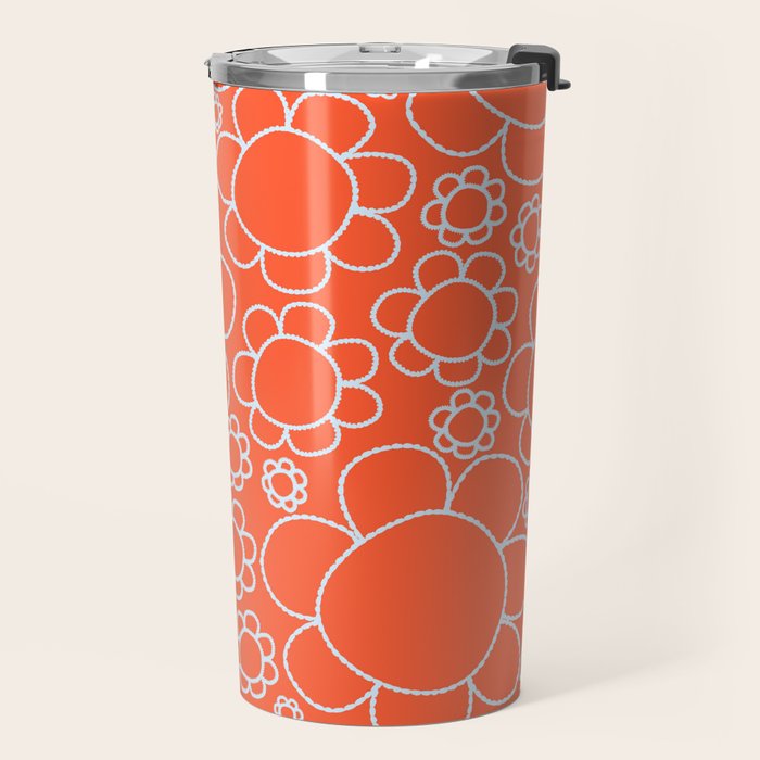 Cheerful Doodle Flowers Pattern in Orange and Ice Blue Travel Mug Gallery Image 2