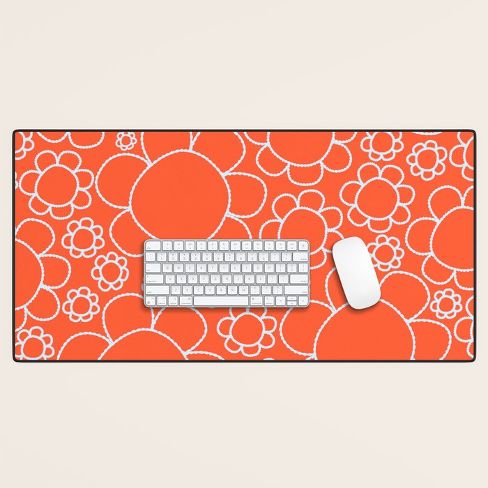 Cheerful Doodle Flowers Pattern in Orange and Ice Blue Desk Mat Gallery Image 1