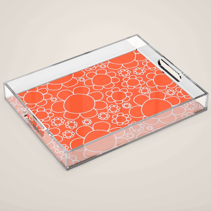 Cheerful Doodle Flowers Pattern in Orange and Ice Blue Acrylic Tray Gallery Image 1