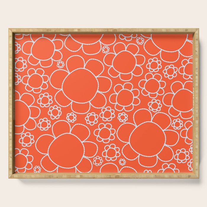 Cheerful Doodle Flowers Pattern in Orange and Ice Blue Serving Tray Gallery Image 1
