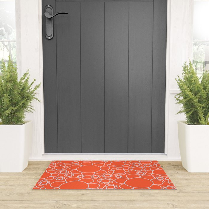 Cheerful Doodle Flowers Pattern in Orange and Ice Blue Welcome Mat Gallery Image 3
