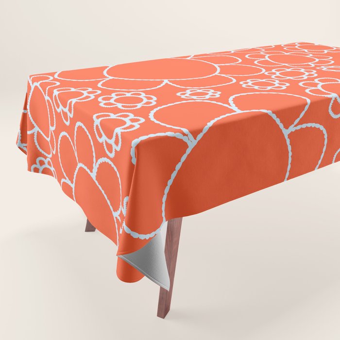 Cheerful Doodle Flowers Pattern in Orange and Ice Blue Tablecloth Gallery Image 1