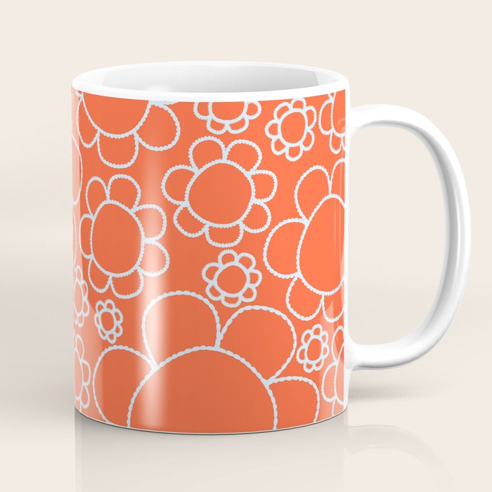Cheerful Doodle Flowers Pattern in Orange and Ice Blue Coffee Mug Gallery Image 1