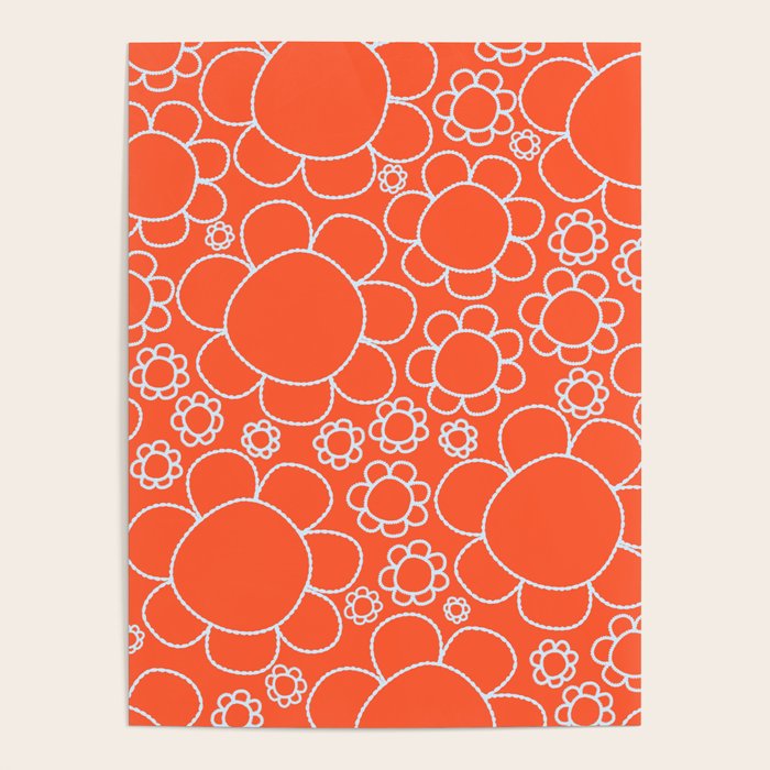 Cheerful Doodle Flowers Pattern in Orange and Ice Blue Poster Gallery Image 4