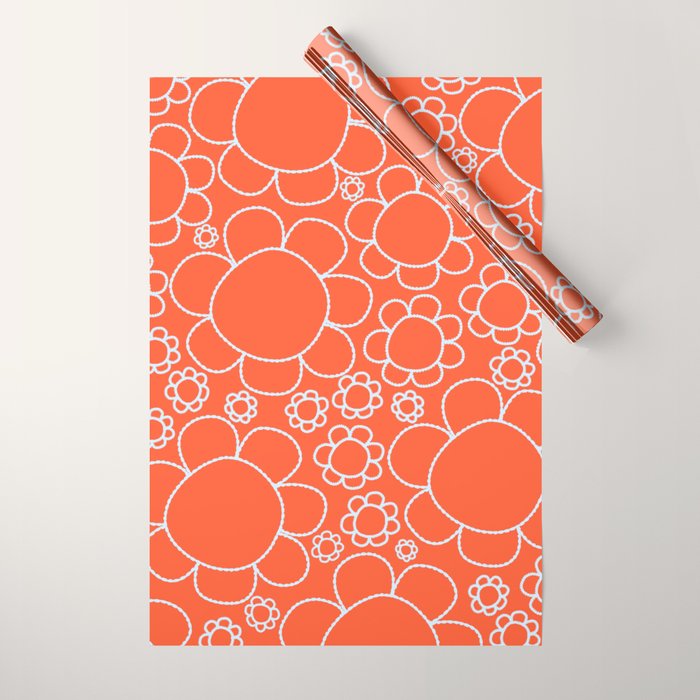 Cheerful Doodle Flowers Pattern in Orange and Ice Blue Wrapping Paper Gallery Image 1