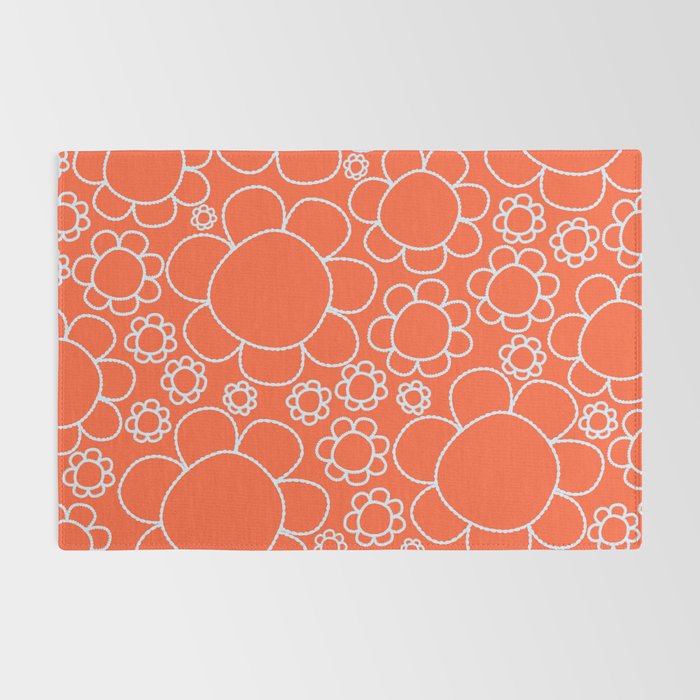 Cheerful Doodle Flowers Pattern in Orange and Ice Blue Rug Gallery Image 2