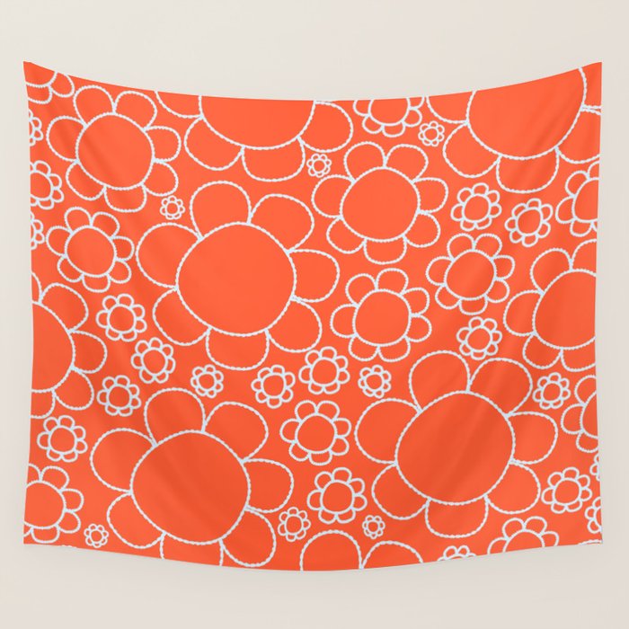 Cheerful Doodle Flowers Pattern in Orange and Ice Blue Wall Tapestry Gallery Image 4