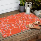 Cheerful Doodle Flowers Pattern in Orange and Ice Blue Outdoor Rug Gallery Image 2