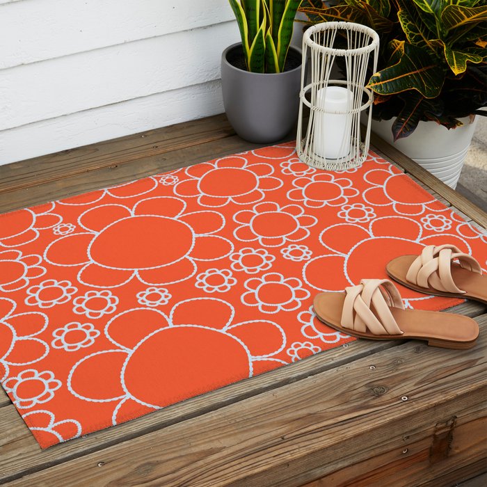 Cheerful Doodle Flowers Pattern in Orange and Ice Blue Outdoor Rug Gallery Image 2