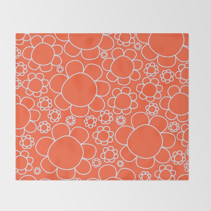 Cheerful Doodle Flowers Pattern in Orange and Ice Blue Throw Blanket Gallery Image 2
