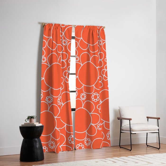 Cheerful Doodle Flowers Pattern in Orange and Ice Blue Window Curtain Gallery Image 2