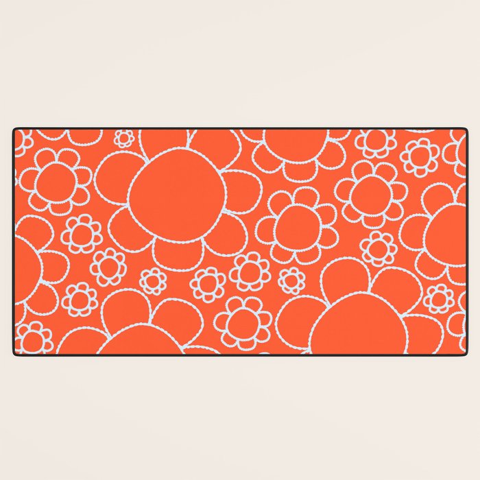 Cheerful Doodle Flowers Pattern in Orange and Ice Blue Desk Mat Gallery Image 3
