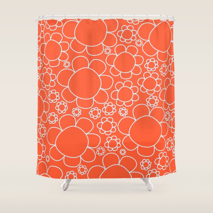 Cheerful Doodle Flowers Pattern in Orange and Ice Blue Shower Curtain Gallery Image 1