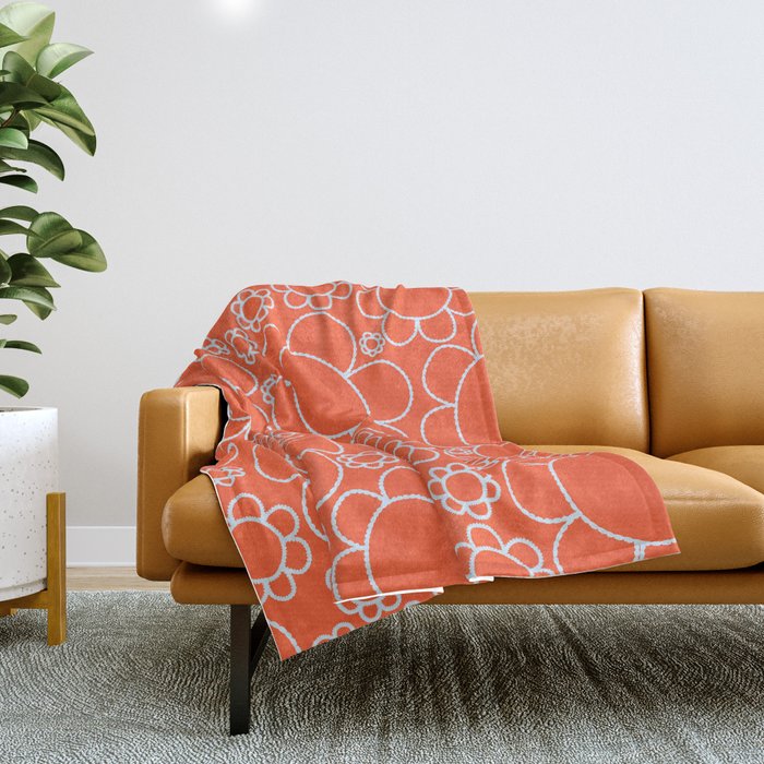 Cheerful Doodle Flowers Pattern in Orange and Ice Blue Throw Blanket Gallery Image 1