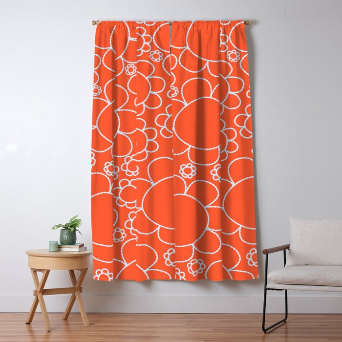 Cheerful Doodle Flowers Pattern in Orange and Ice Blue Window Curtain Gallery Image 5