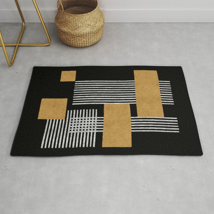 Stripes and Squares on Black Composition - Abstract Rug Gallery Image 1