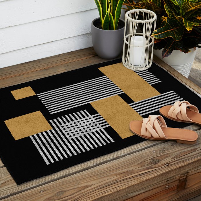 Stripes and Squares on Black Composition - Abstract Outdoor Rug Gallery Image 2