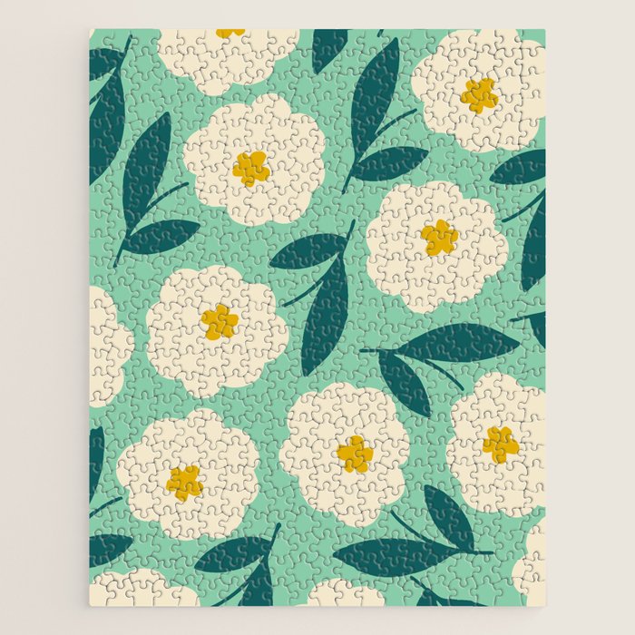 Bold Flower - Green, yellow and white Jigsaw Puzzle