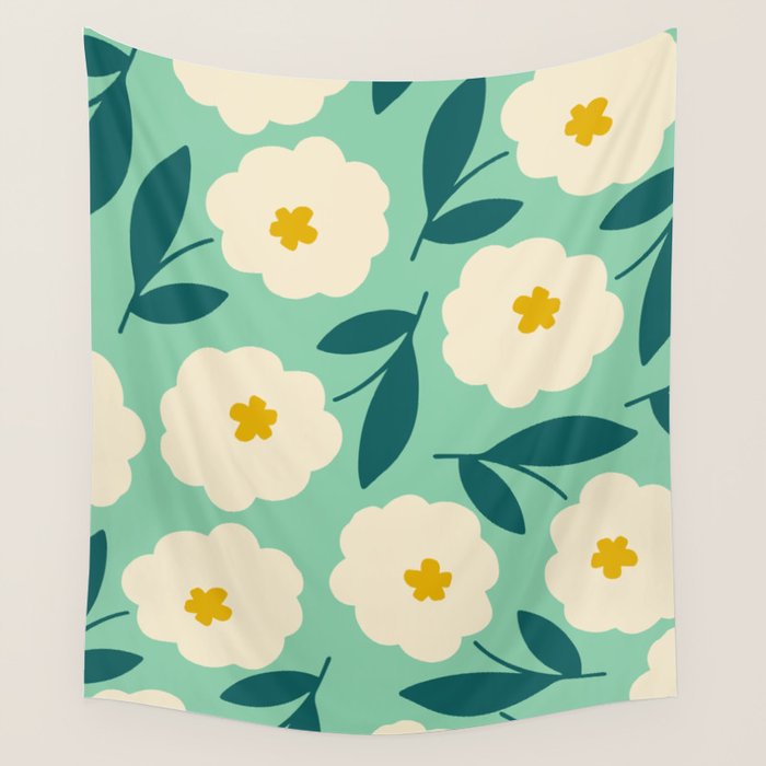 Bold Flower - Green, yellow and white Wall Tapestry Gallery Image 4