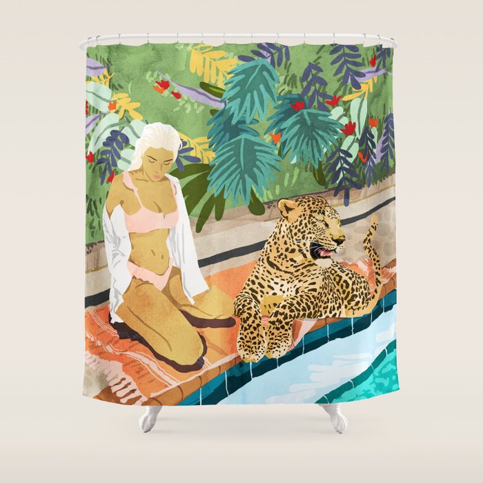 The Wild Side, Human & Nature Connection, Woman With Cheetah Cat, Tiger Painting Shower Curtain Gallery Image 1