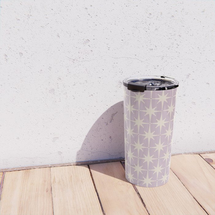 Midcentury Modern Atomic Starburst Pattern in Pretty Lilac and Cream Travel Mug Gallery Image 4