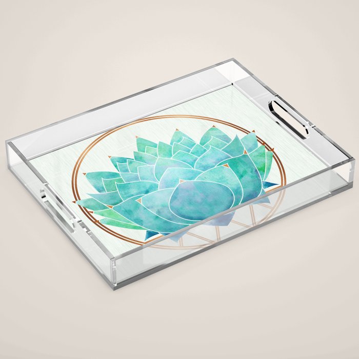 Modern Succulent with Metallic Gold Watercolor Acrylic Tray Gallery Image 1