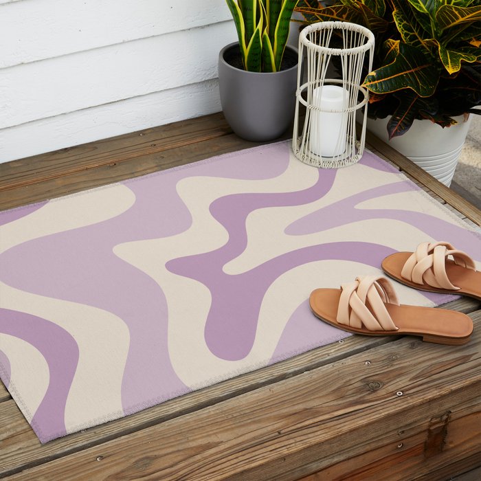 Retro Liquid Swirl Abstract Pattern in Light Lavender Lilac Purple and Cream Outdoor Rug Gallery Image 2