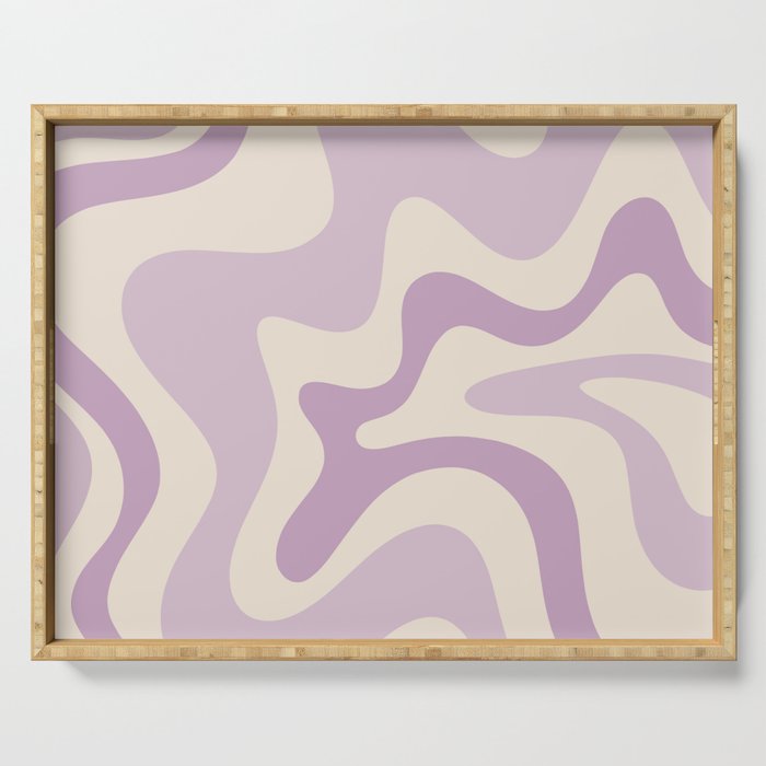 Retro Liquid Swirl Abstract Pattern in Light Lavender Lilac Purple and Cream Serving Tray Gallery Image 1