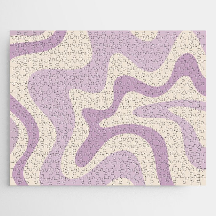 Retro Liquid Swirl Abstract Pattern in Light Lavender Lilac Purple and Cream Jigsaw Puzzle Gallery Image 1